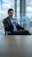 Professional businessman analyzing holographic financial data and charts in modern office with city skyline view for business presentations.