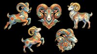 Ornamental ram and goat figures with decorative gold, turquoise and coral patterns isolated on transparent background. Ready for clipart, t-shirt design, stickers, print-on-demand products and sublimation projects.