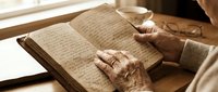 Senior woman with wrinkled hands reading aged manuscript or antique book indoors. Elderly female studying historical document for education, research, or genealogy purposes.