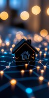 Glowing house icon on digital network grid with connected nodes and bokeh lights background represents smart home technology and IoT connectivity.