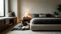 Modern minimalist bedroom interior with neutral tones, natural light, cozy bedding, wooden furniture, and houseplant creating serene atmosphere.