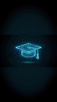 Glowing neon graduation cap with digital wireframe mesh and particles on dark background. Represents online education, e-learning, and academic achievement for web and digital design.