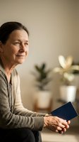 Senior Caucasian woman in gray sweater holding blue book at home with warm lighting and plants in background for lifestyle and reading concepts.