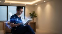 Professional businessman using digital tablet with glowing network connections in modern office environment for technology and business communication.