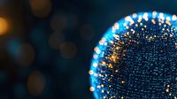 Glowing blue sphere with digital network pattern and golden light effects on dark background creates futuristic technology concept visualization.