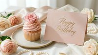 Pink birthday cupcake with rose topper beside a Happy Birthday card, pearls, and blush roses on elegant white fabric.
