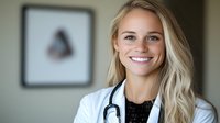 Young female medical professional with blonde wavy hair and stethoscope smiling warmly at camera. Healthcare worker in white coat against blurred office background.