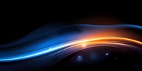 Abstract glowing waves of blue and orange light with lens flares create dynamic motion effect against dark background, suitable for modern tech designs.