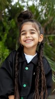 Young Hispanic girl with long braided hair and bright smile wearing black jacket with green buttons against blurred natural background, expressing joy and confidence.