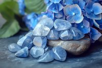 Blue chalcedony and celestite crystals with hydrangea flowers on dark background, healing stones and minerals for crystal therapy and meditation practice.