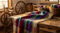 Colorful handwoven striped textile draped over a rustic wooden table, with a spinning wheel and yarn basket in a cozy craft room.