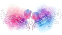 Watercolor angel wings with decorative swirls and hearts in pink purple blue gradient colors isolated on white background for romantic design projects.