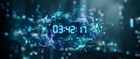 Digital countdown timer displaying numbers surrounded by glowing blue energy particles and light effects on dark background for technology concepts.