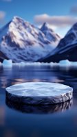 Round ice platform floating on calm winter lake with snow-capped mountain peaks in background, reflecting in blue water under cloudy sky.