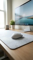 White wireless mouse on gray mousepad at wooden desk with monitor, potted plant, and window light for office workspace setup.