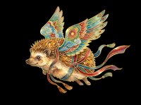 Flying hedgehog with ornate colorful wings in traditional Asian art style, isolated on transparent background, ready for stickers, t-shirt design, and print on demand.