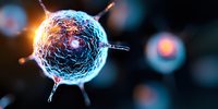 Microscopic virus cell with glowing blue membrane and spike proteins floating in dark space, scientific visualization for medical research and healthcare concepts.