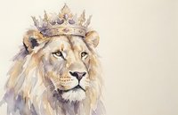 Majestic lion wearing ornate golden crown watercolor painting on neutral background for royal themed designs and luxury branding projects.