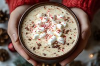 Cozy hands holding ceramic bowl with creamy hot chocolate topped with marshmallows and crushed candy cane pieces, festive winter drink against blurred holiday background.