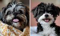 Adorable black and white Shih Tzu puppies with expressive eyes and pink tongues sticking out, showing happy playful expressions in close-up portrait photography.
