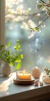 Aromatic candle with rising smoke on wooden holder near spring blossoms and rose quartz crystals, sunlit windowsill creates peaceful meditation atmosphere.