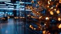 Glowing golden bokeh lights and reflections on glass surface create atmospheric mood with blurred blue background, modern architecture interior design.