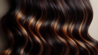 Dark brown wavy hair with copper balayage highlights flowing in elegant waves against black background, showcasing professional hair coloring and styling technique.