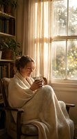 Young Caucasian woman in cozy knit sweater enjoying hot beverage by sunny window in comfortable reading nook with books and plants creating peaceful morning atmosphere.