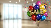 Colorful balloon bouquet with gold SALE text floating in bright interior space with confetti. Festive retail promotion and shopping discount concept.