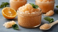 Refreshing orange mint body scrub with natural sugar crystals in glass jar. Fresh citrus and herbs for spa treatment and skincare routine. Homemade beauty product.