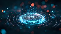 Glowing blue circular portal with light particles and bokeh effects on dark background creates futuristic sci-fi atmosphere for technology concepts.