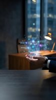 Businessman hand holding holographic network with strategic decision, innovation hub, leadership pathways and global connections in modern office.