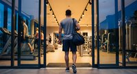 Young athletic man entering modern fitness gym with equipment and track lighting for workout and exercise routine.