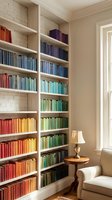 Elegant home library with rainbow-colored books arranged by hue on white built-in shelves, cozy reading nook with armchair and vintage lamp for interior design.