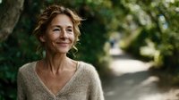 Middle-aged Caucasian woman with short wavy hair smiling warmly in cozy sweater outdoors. Natural lighting portrait for lifestyle and wellness content.