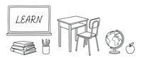 Hand-drawn educational workspace with laptop showing learn text, desk, chair, books, pencils, globe and apple. Black line art on white background.