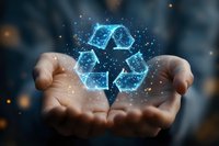 Glowing blue recycling symbol with sparkles and particles floating above cupped hands against dark background, representing sustainability and environmental care.