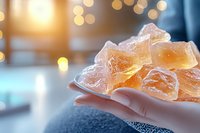 Translucent amber gummy candies held in palm with warm sunlight and bokeh background, suitable for confectionery, food packaging, and candy advertising campaigns.