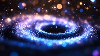 Magical swirling galaxy formation with glowing blue and orange bokeh lights creating cosmic spiral pattern against dark background, abstract space design element.