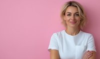 Young blonde woman in white t-shirt smiling confidently with arms crossed against pink background, expressing positive attitude and friendly approachability.