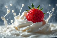 Fresh ripe strawberry falling into creamy milk splash against dark background, creating dynamic food composition for dessert advertising.
