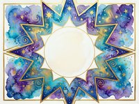 Watercolor celestial star frame with galaxy tones in blue, purple, and gold, featuring swirls and stars around a blank center oval.