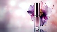Luxury cosmetic bottle with purple flower and splashing liquid drops against soft pink background, elegant beauty product photography for skincare advertising.