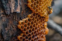 Honeycomb structure attached to tree bark with bees working on hexagonal cells, showcasing natural beekeeping and organic honey production in forest environment.