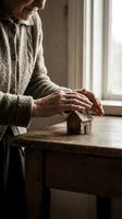 Senior man in knitted sweater protecting wooden house model with hands symbolizing home security and real estate investment planning.