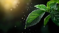 Fresh green leaves covered with morning dew drops against dark background with bokeh light effect and water spray in soft focus, macro nature photography.
