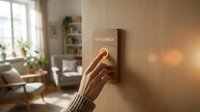 Hand adjusting wooden home energy control panel on wall in modern living room with natural light and plants.