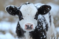 Close up portrait of young black and white calf with snow flakes on fur looking directly at camera, pink nose and large dark eyes against winter background.