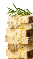 Stacked slices of creamy cheese with fresh rosemary herb garnish on white background, isolated for culinary and food styling design use.