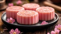 Pink mooncakes with decorative patterns on dark plate surrounded by cherry blossoms for Mid-Autumn Festival celebration and traditional Asian dessert.